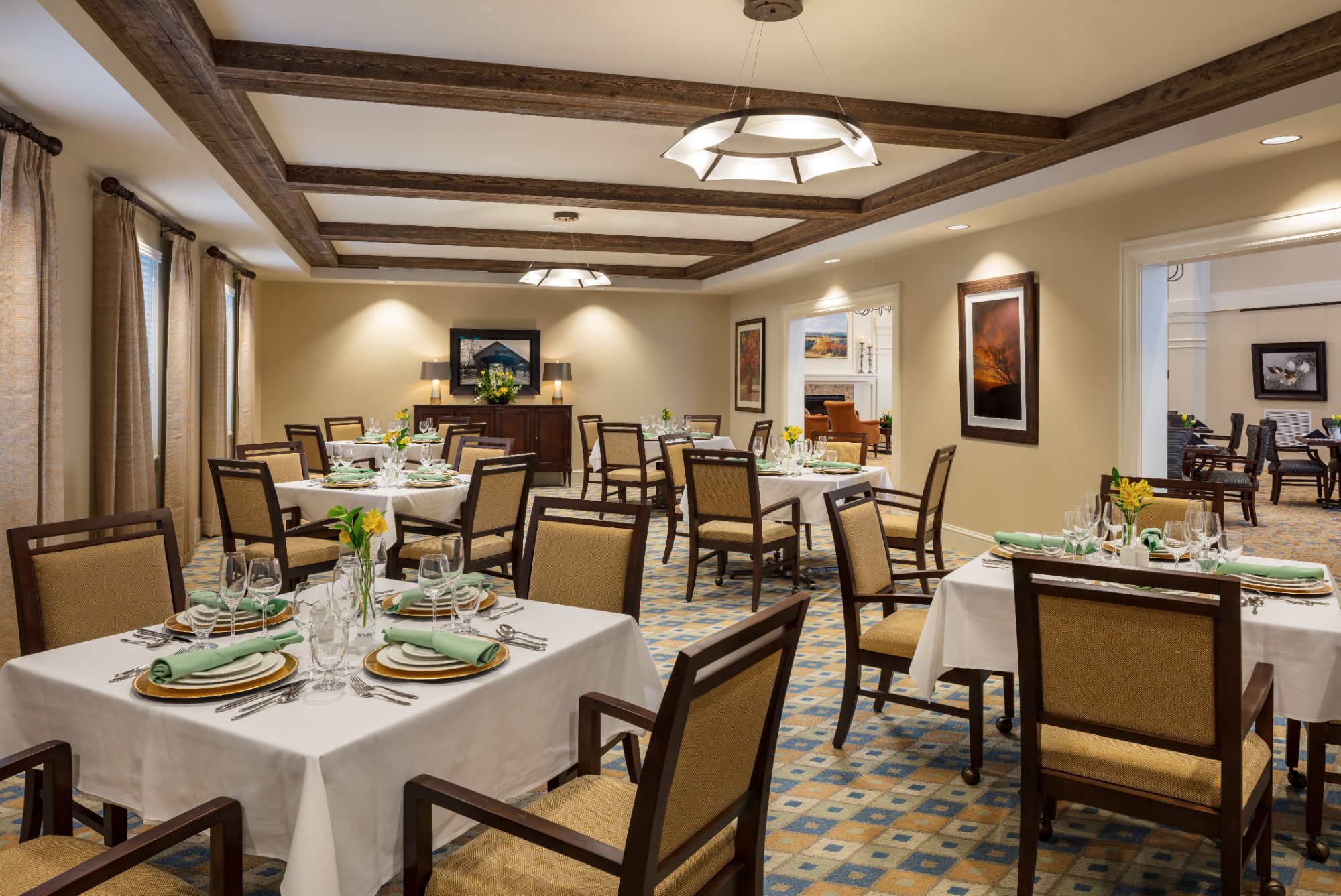 The main dining room set for dinner