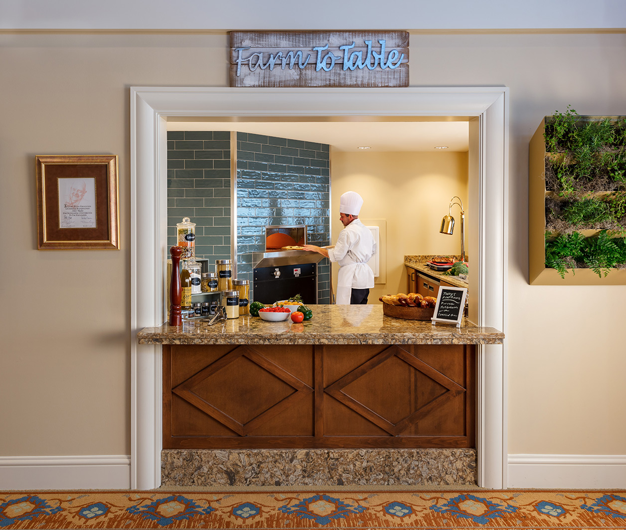 The farm-to-table station with its wood-fired oven
